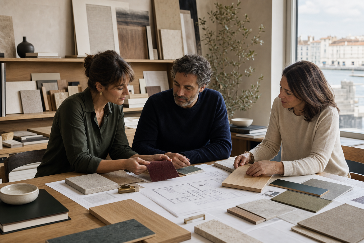 Studio de conception avec bibliothèque de matériaux, plans au mur et lumière naturelle